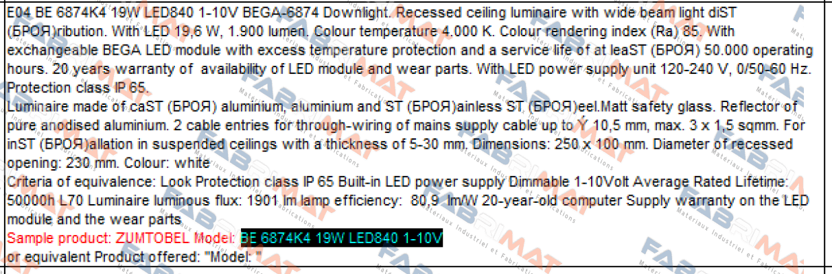 BE 6874K4 19W LED840 1-10V  Zumtobel