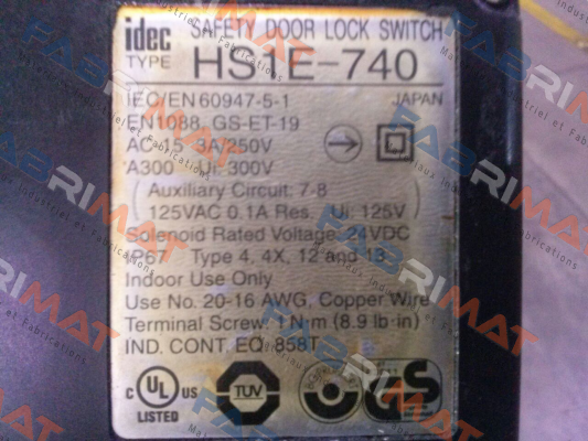 HS1E-740 SAFETY DOOR LOCK SWITCH IEC/EN 60947-5-1 - OEM Idec